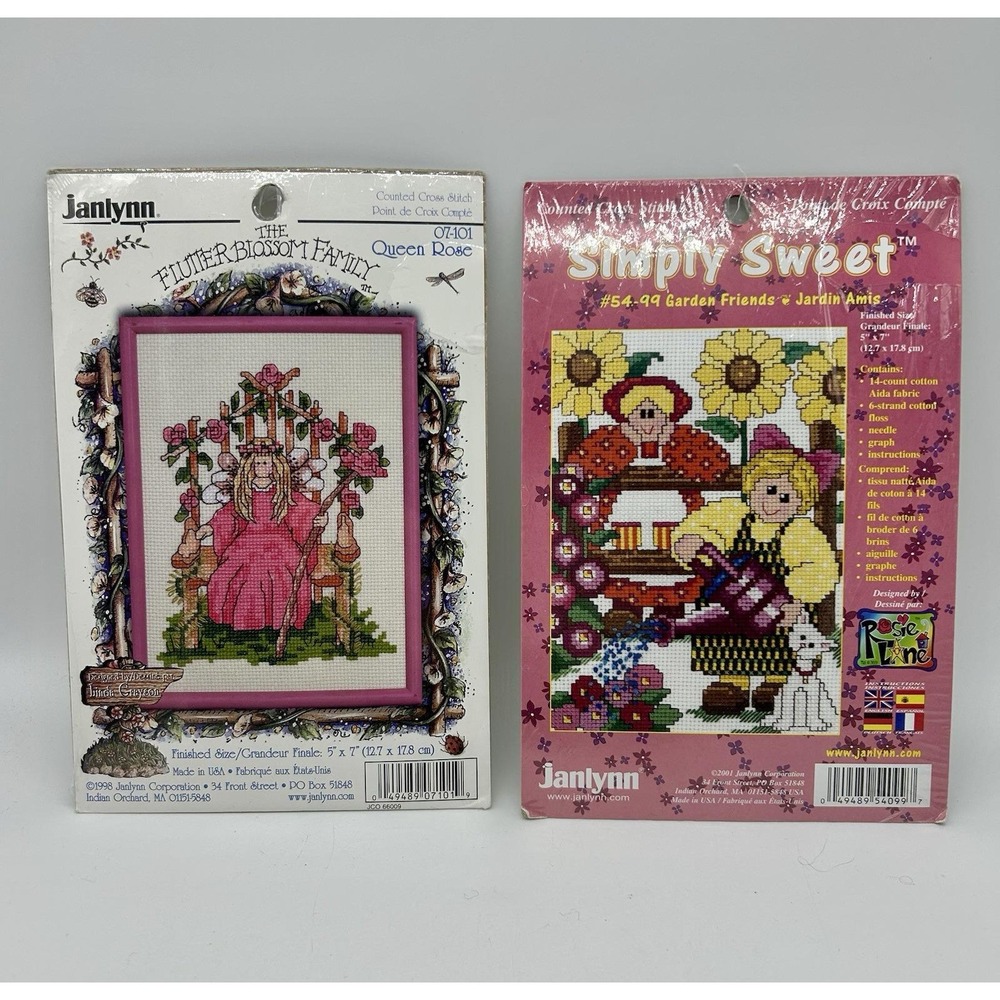 2 Vtg Janlynn Counted Cross Stitch 07-101 Queen Rose 54-99 Garden Friends NEW